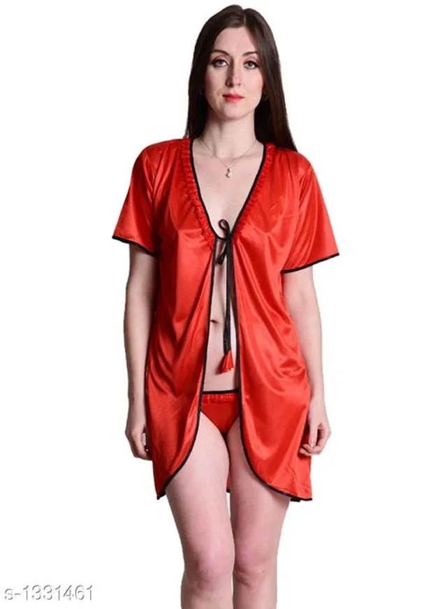 Satin Nightdress Set for Women (Red, L)