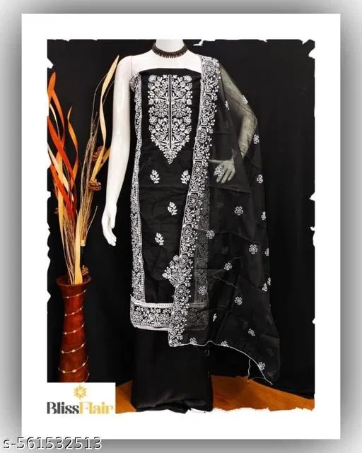 Embroidered Patiala Suit (Black, 6.25 meter (L)) (Black, 5.85 meter for Women (S)