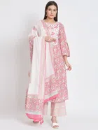 Cotton Printed Kurta with Pant & Dupatta for Women (Pink, M)