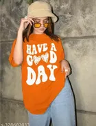 Chest Print Cotton Blend T-Shirts for Women, Orange 