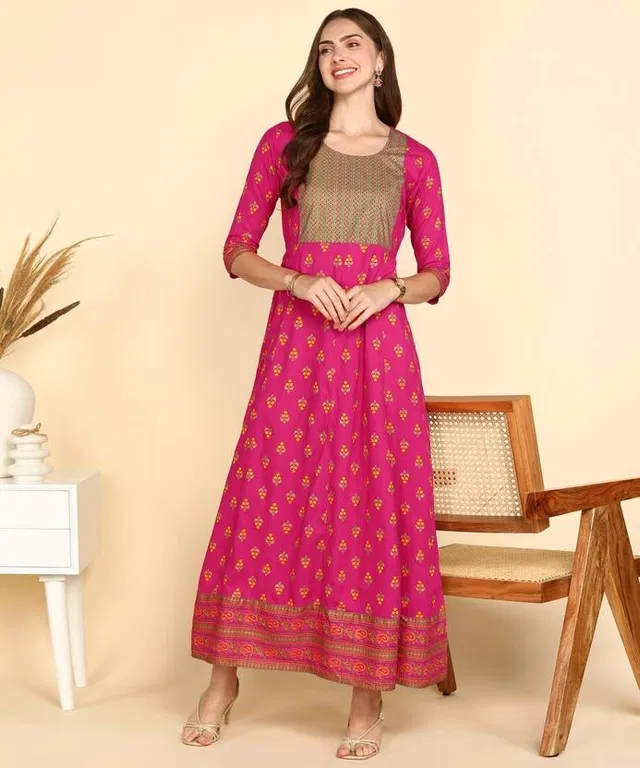 Rayon Printed Anarkali Kurti for Women (Pink, L)