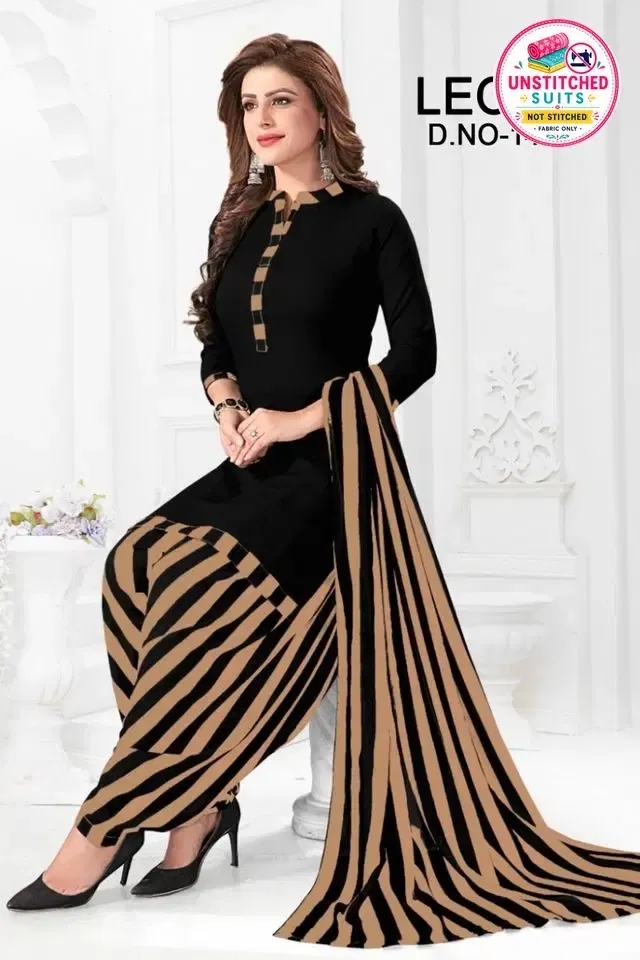 Yashika Unstitched Crepe Salwar Suit Material (Black & Beige) (Y-399)