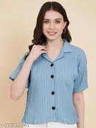 Cotton Blend Solid Shirt for Women (Sky Blue, S)