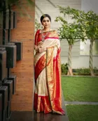 Litchi Silk Woven Design Saree for Women, Red & Cream 