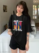 Cotton Blend Printed T-shirt for Women, Black 