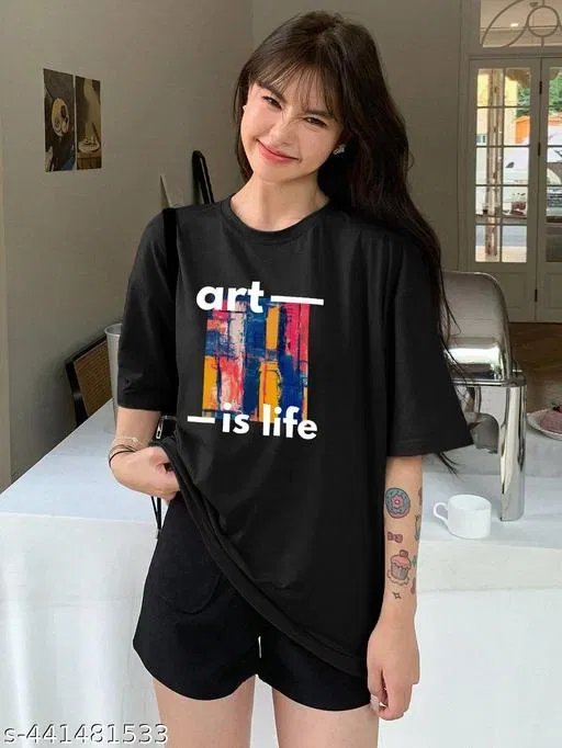 Cotton Blend Printed T-shirt for Women, Black (XL)
