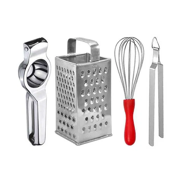 Oc9 Stainless Steel Lemon Squeezer & 4 in 1 Grater Or Slicer & Egg Whisk & Roti Chimta Kitchen Tool Set (O-87)