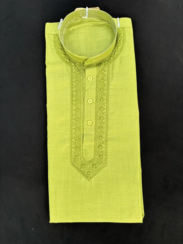Cotton Embroidered Kurta for Men (Mint Green, L)