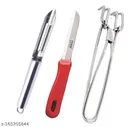 Stainless Steel Peeler with Cooking Tong & Kitchen Knife (Red & Silver, Set of 3)