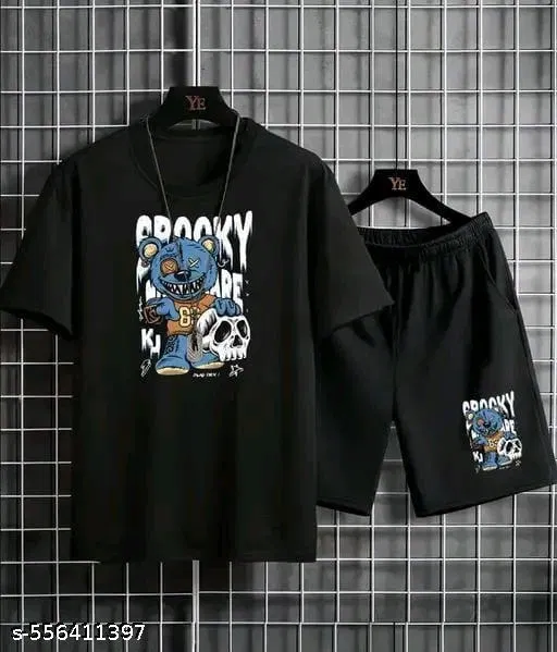 Cotton Blend Printed Top & Bottom Set for Men, Black (XL)
