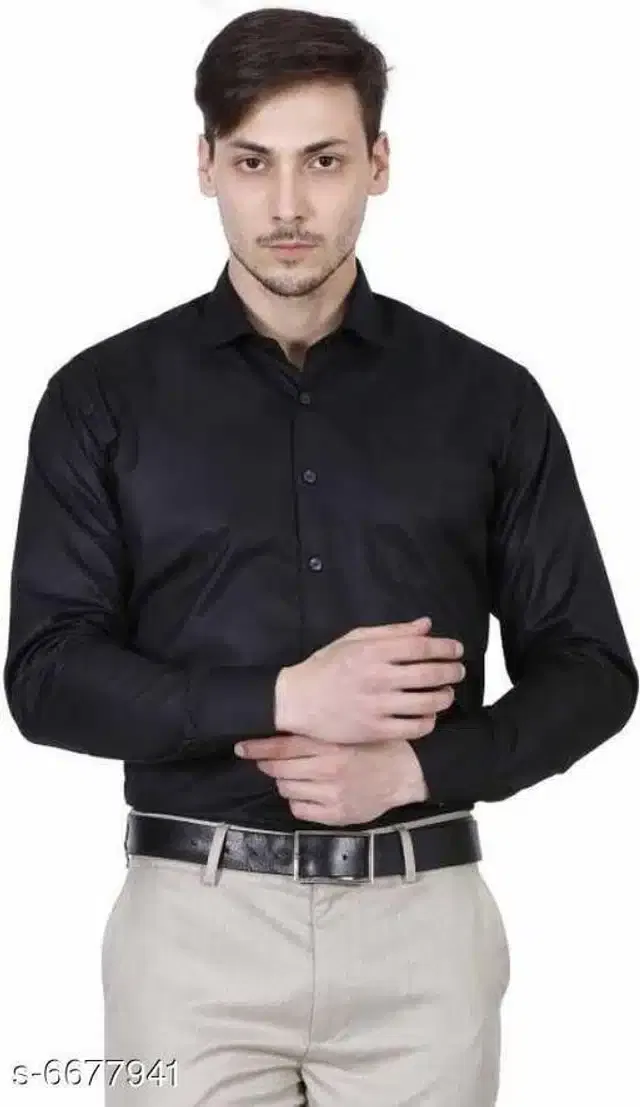 Cotton Blend Solid Full Sleeves Shirt for Men (Black, M)