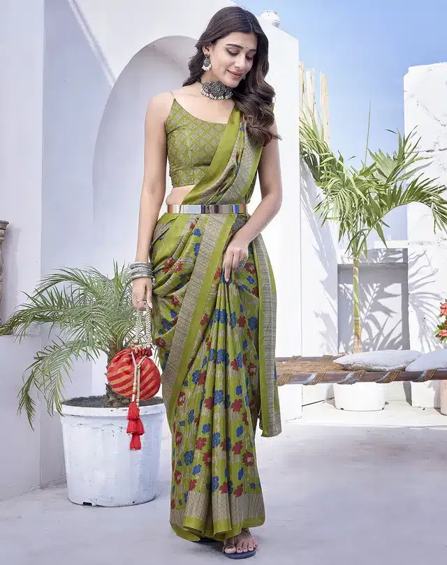 Chiffon Printed Saree for Women (Green, 6 m)