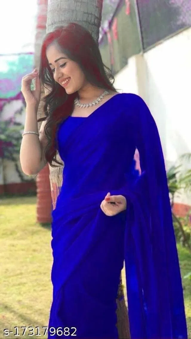 Georgette Solid Saree for Women (Royal Blue, 6.3 m)