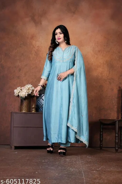Embroidered Flared Kurta Set for Women (Aqua Blue, M)