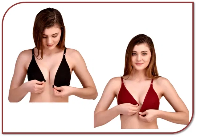 Cotton Solid Front Open Non-Padded Bra for Women (Black & Maroon, 38) (Pack of 2)