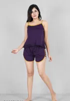 Satin Solid Nightsuit for Women (Purple, XL)