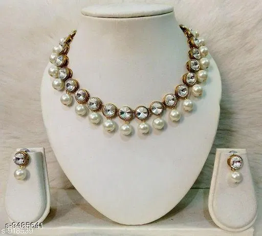 Trendy Alloy & Kundan Beads Necklace Set for Women, White