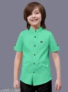 Solid Cotton Blend Mandarin Neck Short Sleeves Shirt for Boys 