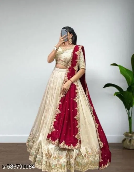 Embroidered Lehenga Choli for Women (White, Free Size)