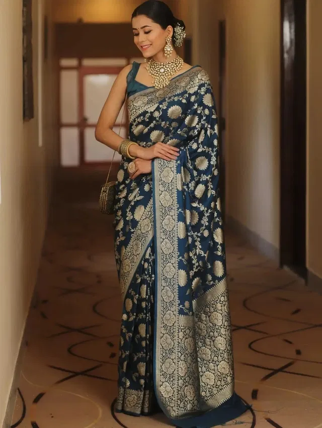 Banarasi Blue Art Silk Printed Saree for Women