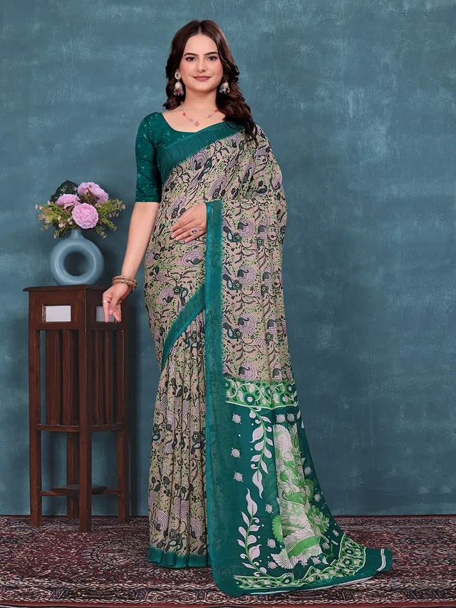Georgette Printed Saree for Women (Teal, 6.3 m)
