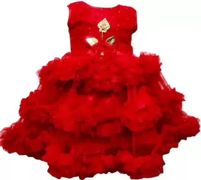 Netted Frock for Girls (Red & Pink, 9-12 Months)