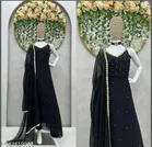 Georgette Embroidered Kurta & Paint & Dupatta Set For Womens, Black 