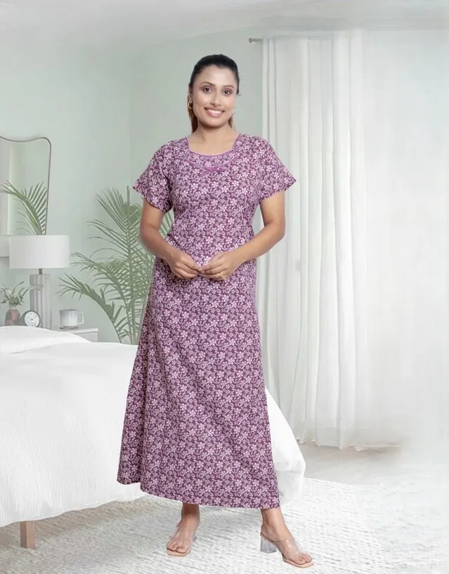 100% Cotton Floral Print Nightdress for Women (Wine, Free Size)