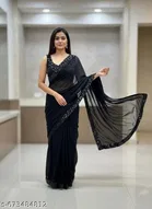 Georgette Solid Saree For Women, Black