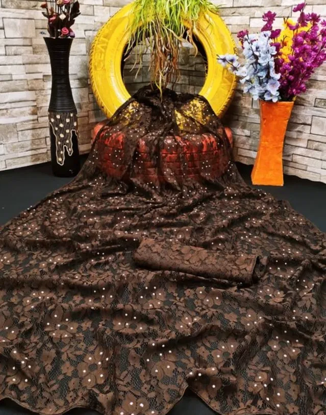 Net Solid Saree for Women (Brown, 6.3 m)