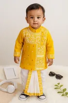 Cotton Printed Kurta with Dhoti for Boys, Yellow & White 