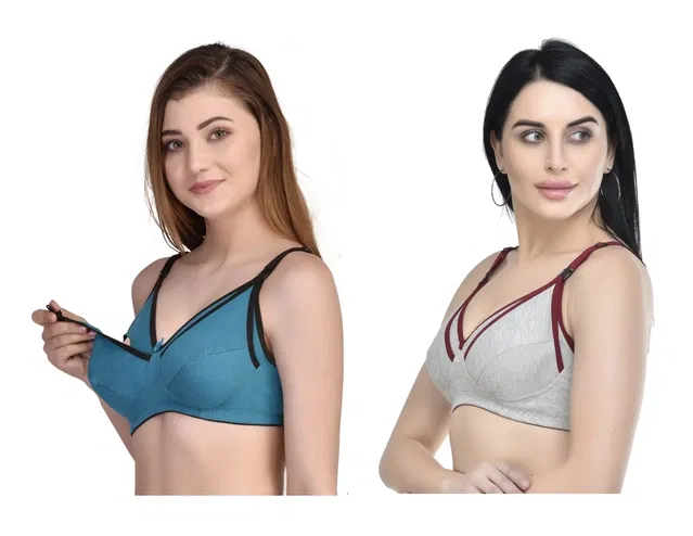 Cotton Blend Solid Non Padded Feeding Bras for Women (Multicolor, 36) (Pack of 2)