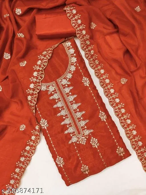Embroidered Punjabi/All Over Suits Semi-Stitched Suits (Orange, 6.45 meter for Women (XL)