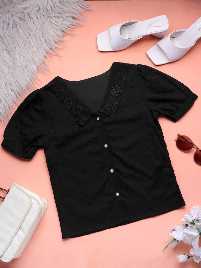 Cotton Blend Solid Top for Women (Black, M)