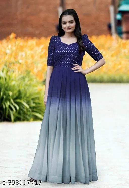 Embellished Georgette Kurti for Women (Blue, XL)