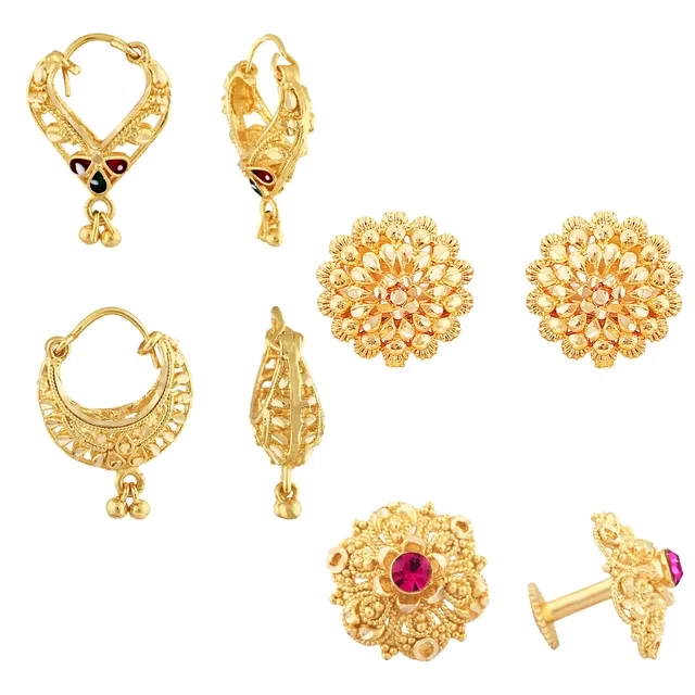 Alloy Stud Earrings for Women (Gold, Set of 4)