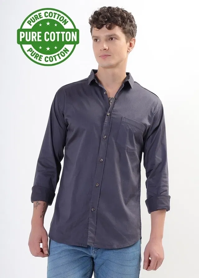100% Cotton Full Sleeves Solid Shirt for Men (Grey, XL)