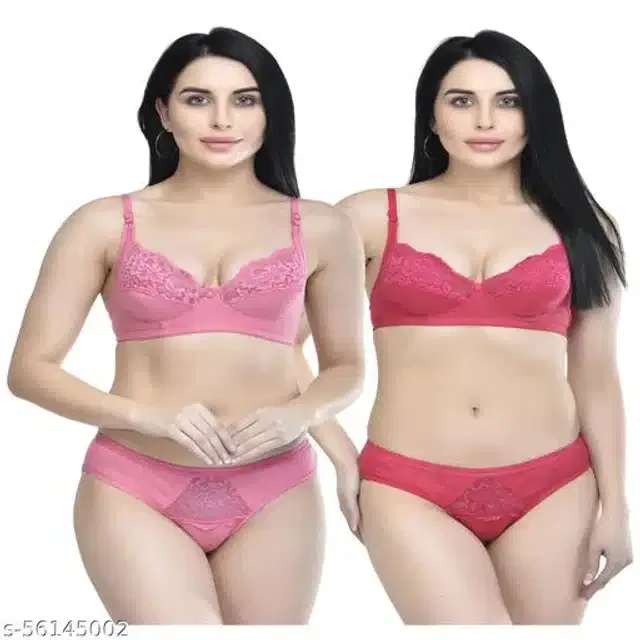 Polycotton Lingerie Set for Women (Pink, 34B) (Pack of 2)