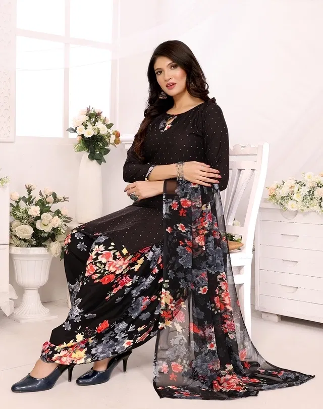Punjabi Floral Suit for Women (Black, Black)
