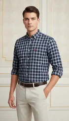 Cotton Checkered Shirt for Men, Navy Blue 