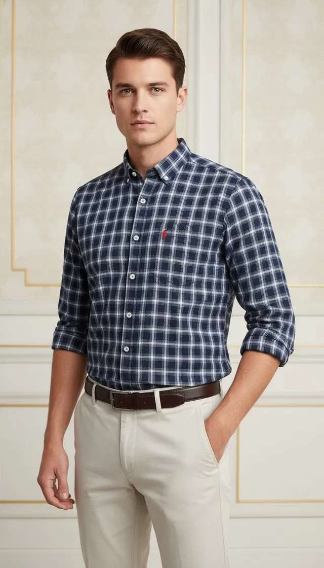 Cotton Checkered Shirt for Men, Navy Blue (XL)