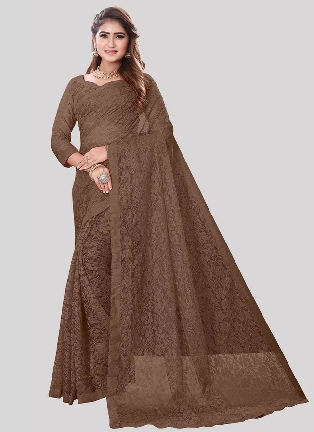 Net Floral Saree for Women (Brown, 6.3 m)