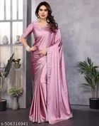 Satin Silk Printed Saree for Women, Pink 
