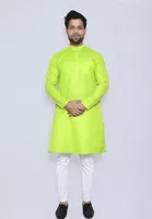 Cotton Blend Solid Kurta Set for Men (Green & White, M)