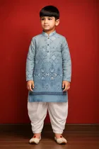 Cotton Blend Printed Kurta with Dhoti for Boys, Blue & White 