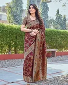 Banarasi Silk Printed Saree for Women, Maroon 