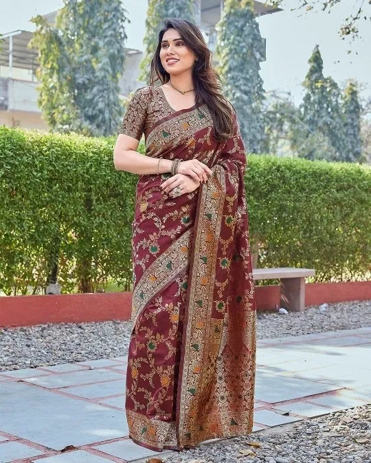 Banarasi Silk Printed Saree for Women, Maroon (6.3 m)
