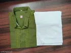 Cotton Solid Kurta Set for Men, White & Olive 