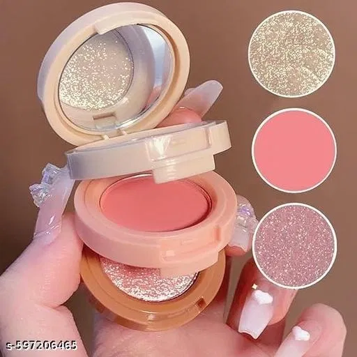 3 in 1 Mini Face Blusher+Highlihger with Compact Palette, Multicolor