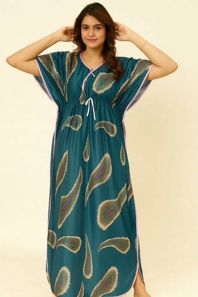 Sarina Printed Nightdress for Women (Teal, M)
